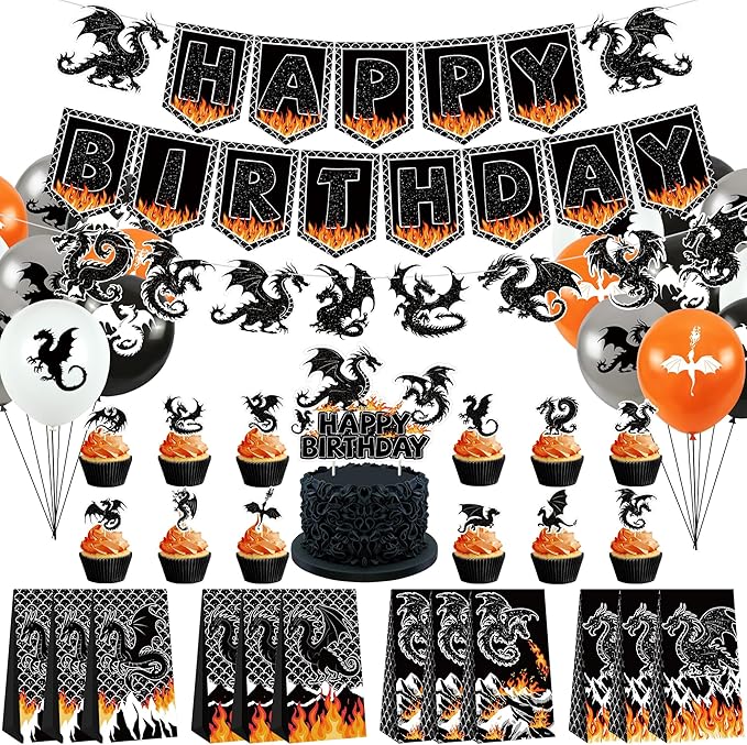Drachen-Geburtstagsparty-Dekoration, einschließlich Happy Birthday Party-Banner, Kuchendekoration, Geschenktüte, Luftballons, für Drachen-Mottoparty-Zubehör
