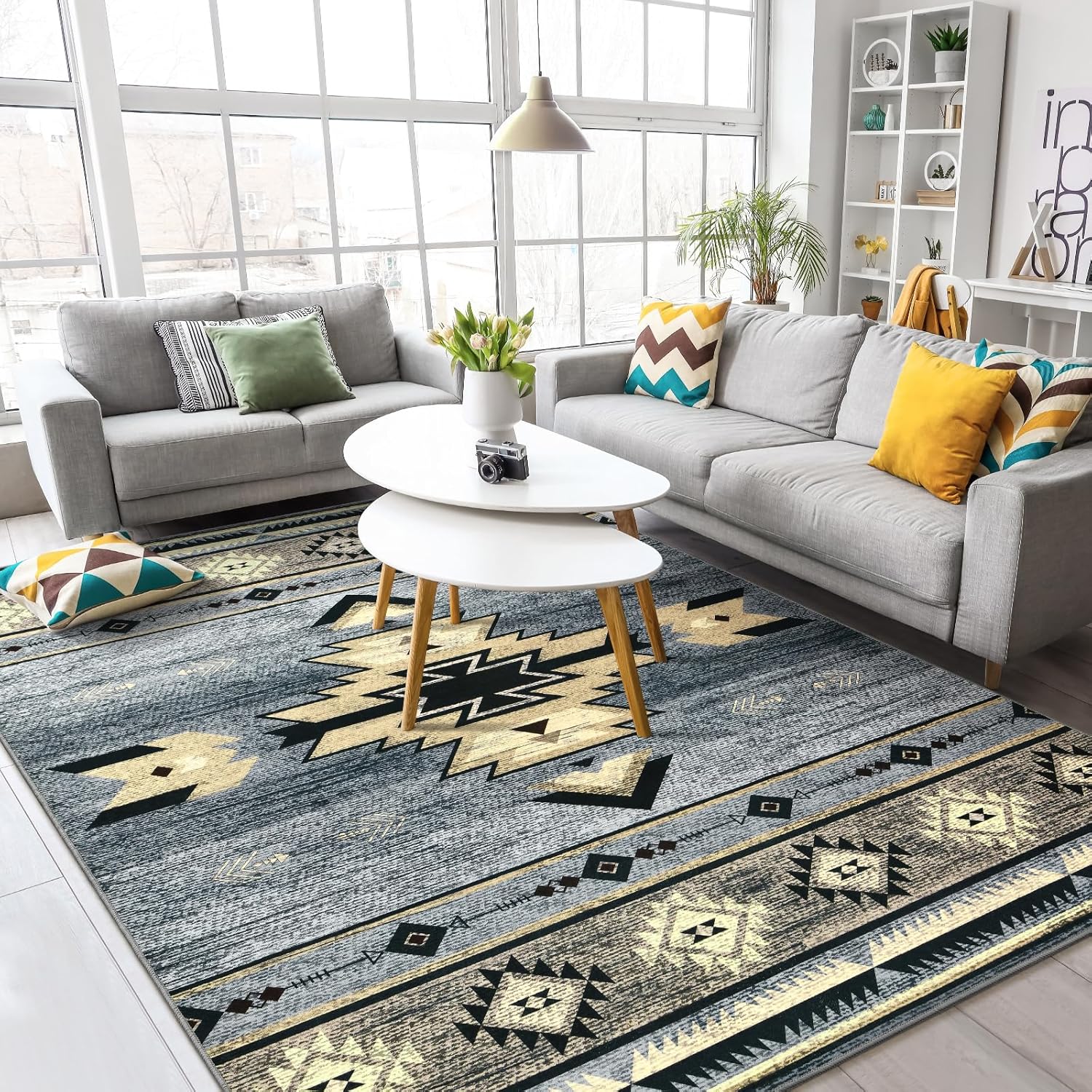 Western Rugs for Living Room, Non Slip Rustic Rug for Bedroom Dining Table Kitchen, Washable Aesthetic Area Rugs for Home Decor, 5ft x 7ft, Grey