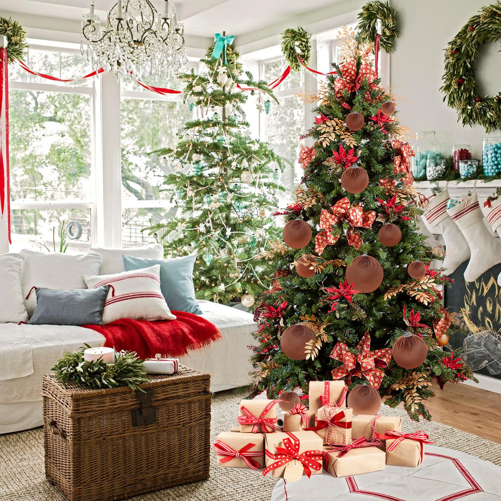 49 Mini Palline Di Natale In Velluto - Decorazioni Per Albero In Colori Marrone E Verde Kaki - Con Corde Per Appendere