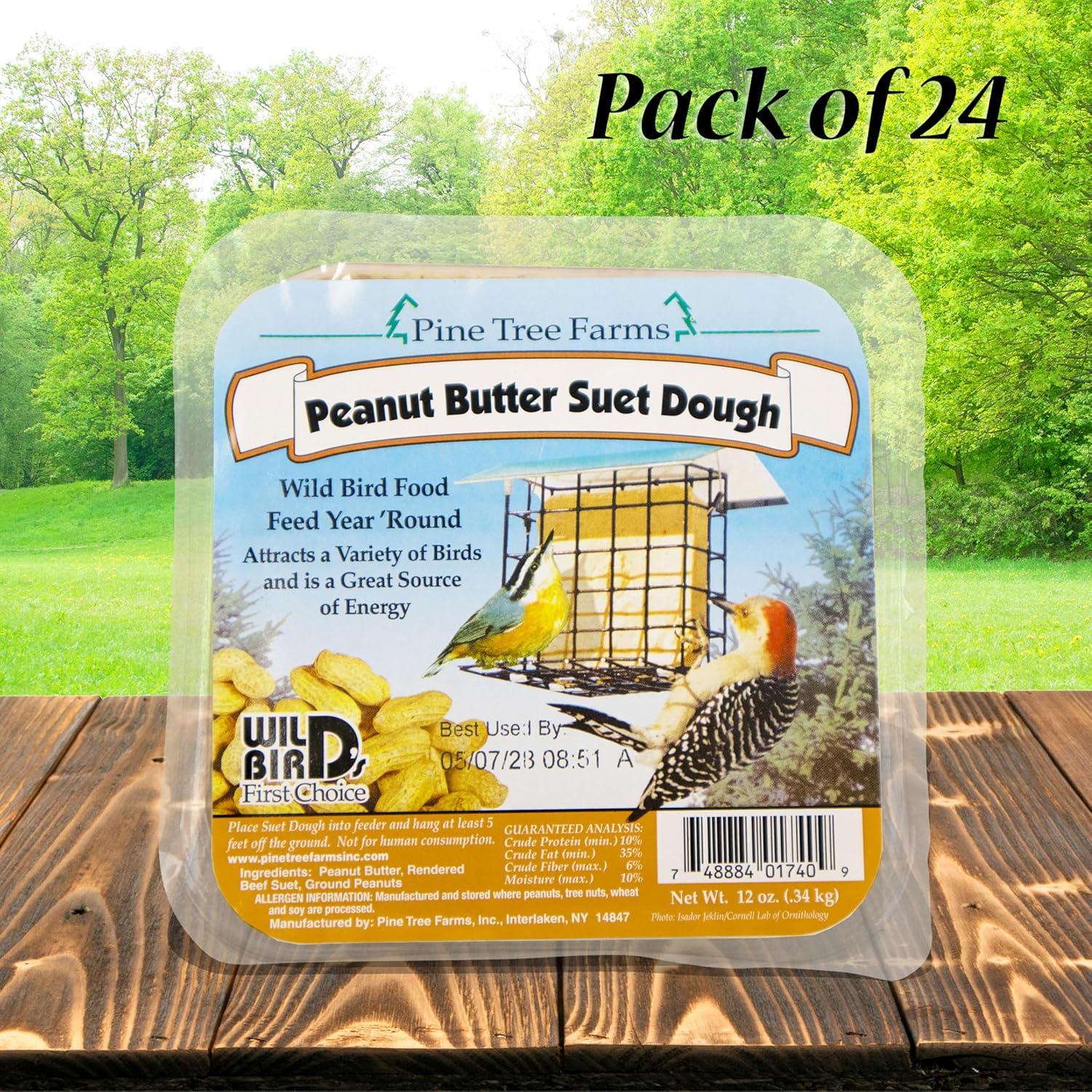 Pine Tree Farms Peanut Butter Suet Dough – 24 Pack of 12 oz. Suet Cakes – Nut-Enriched Bird Food with Peanuts & Peanut Butter – High-Energy Backyard Feeding for Woodpeckers, Chickadees & Songbirds
