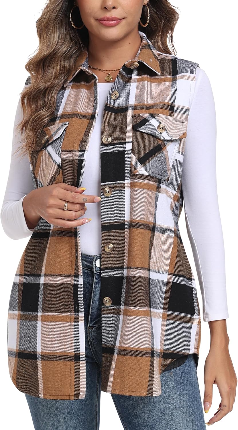 MoFiz Womens Long Flannel Plaid Vest Fall Winter Button Down Sleeveless Shacket Shirt Cardigan Coat With Pockets