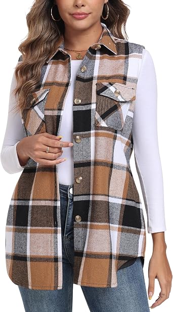 MoFiz Womens Long Flannel Plaid Vest Fall Winter Button Down Sleeveless Shacket Shirt Cardigan Coat With Pockets
