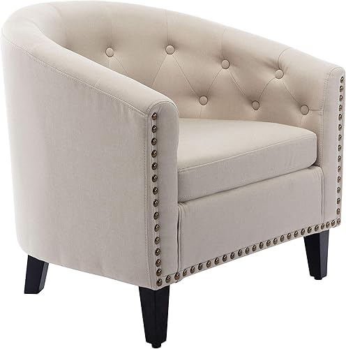 Miniatura 5 de Sillón moderno para sala de estar, sillas de barril, silla de barril copetudo de tela de lino con decoración de remaches, sillas de barril