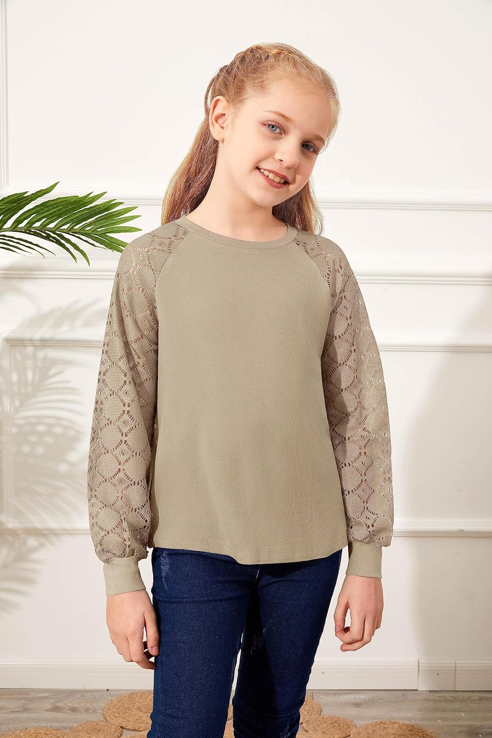 Batermoon Girls' Long Sleeve Shirts Lace Loose Fit Casual Crewneck Blouses Tops 5-14 Years - Image 4