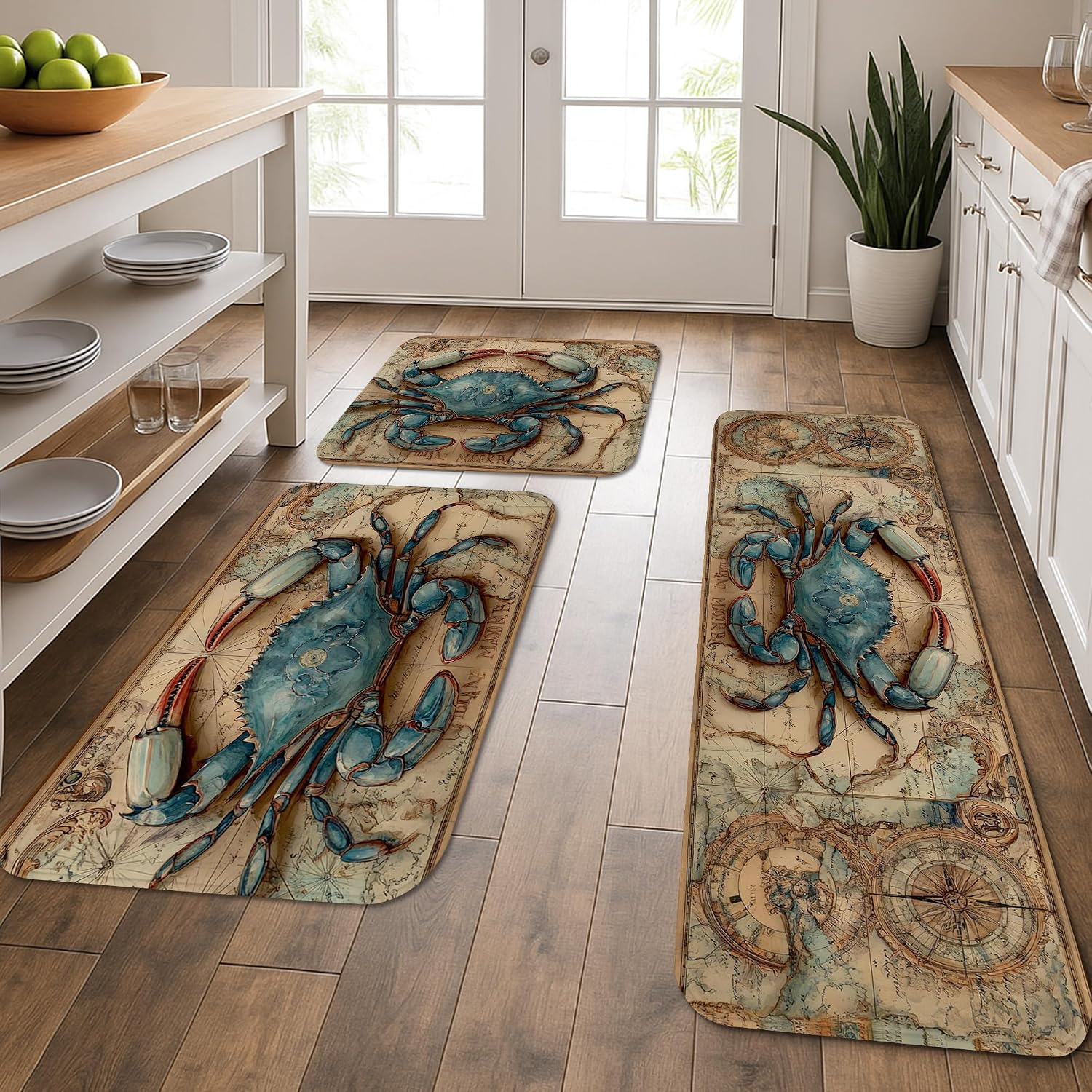 Nautical Crab Kitchen Mats for Floor, Vintage Marine Soft Mats, Cushioned Comfort Washable Non Slip Decor Rugs for Kitchen Sinks Laundryroom Bathroom 3Pcs