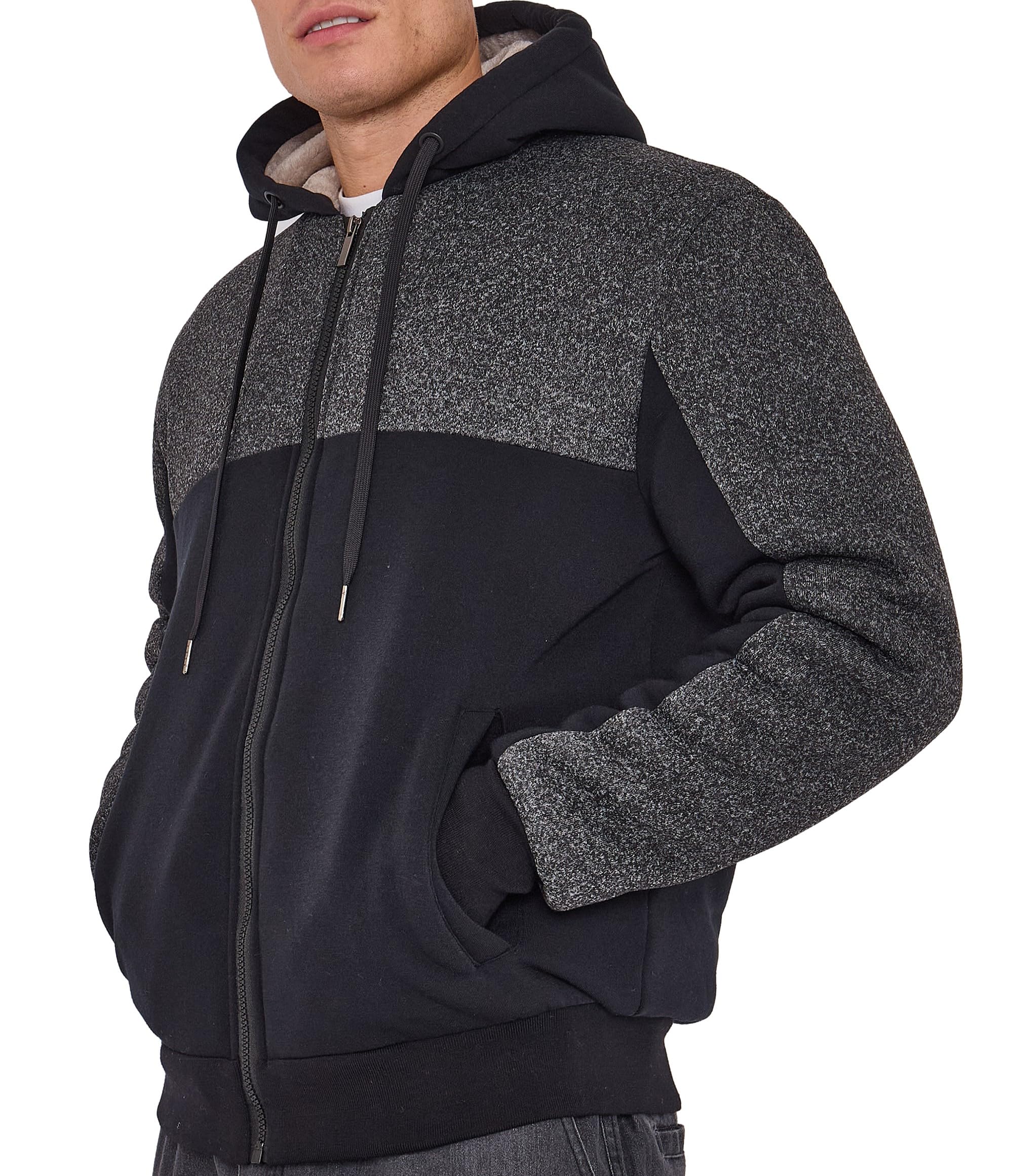 LABEL APPAREL Men’s Fur-Lined Zip-Up Hoodie – Ultra-Warm Winter Jacket with Plush Lining, Adjustable Hood & Pockets – Casual Two-Tone Fleece Sweatshirt Black Two Tone (Medium)