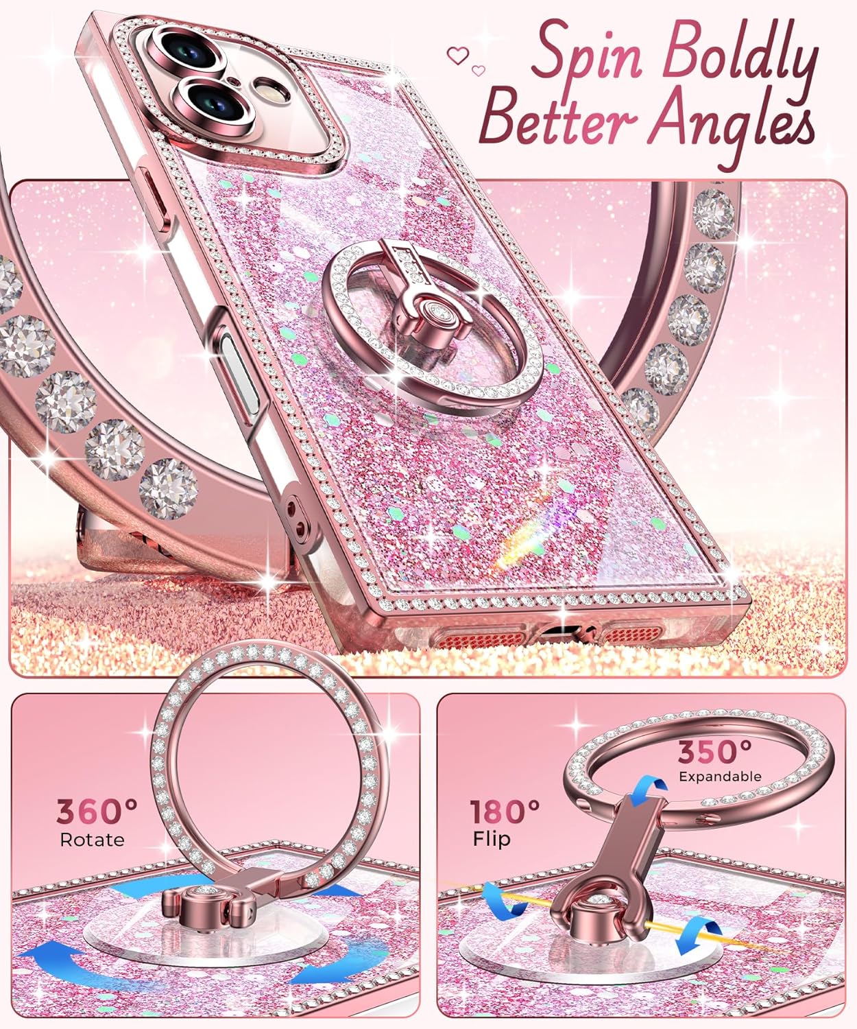 Miss Arts for iPhone 16 Case with Ring Stand, Glitter Sparkle Phone Case for Women Girls, Rhinestone Luxury Protective Cover for iPhone 16 6.1", Pink - Image 3