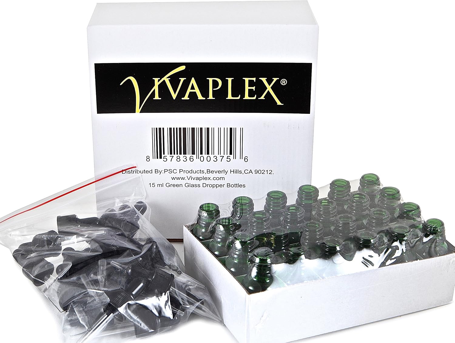 Vivaplex, 24, Green, 15 ml (1/2 oz) Glass Bottles, with Glass Eye Droppers