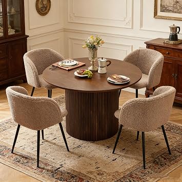 5 Pieces Round Dining Table Set for 4, 47 Inch Modern Walnut Wood Kitchen Table with Sherpa Dining Chairs, Brown Faux Fur Chairs Coffee Table Set for Kitchen, Dining Room