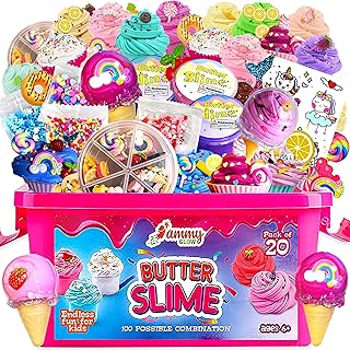 Fluffy Butter Slime Kit for Girls/Boys-49 Pcs-20 Large Slime Gift Set w/Storage Box Keeps Slime Fresh Avoids Drying Out-Slime Charms w/Organizer-Ice Cream Cones Cupcake Sprinkles & Stickers