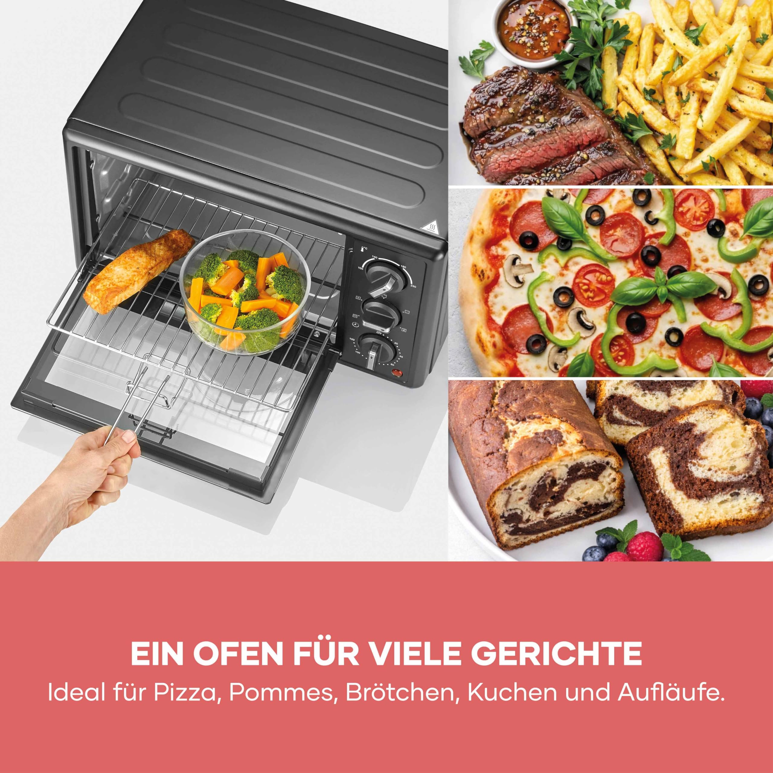 Severin Back- und Toastofen, Bake&Toast, 20L, bis 230°C, Umluft-Funktion, Ober- und Unterhitze, inkl. Pizzastein, Drehspieß, Krümelblech, Backblech, Grillrost, 120Min. Timer, 1600W, schwarz, TO 2079