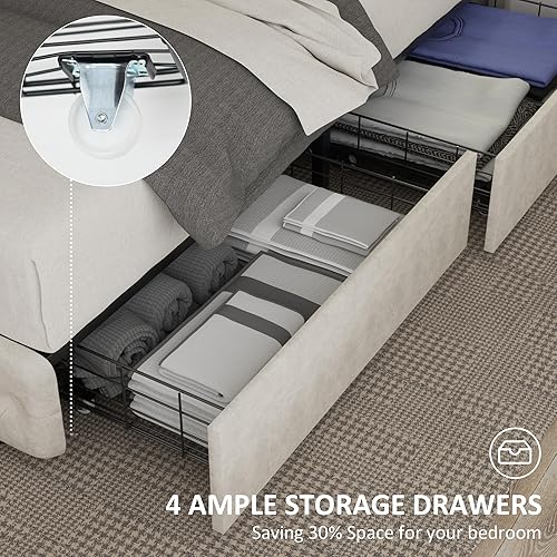 Miniatura 5 de Ucloveria Base de cama tamaño Queen con 4 cajones de almacenamiento, base de cama de plataforma con carga rápida, cabecera capitonada con botones