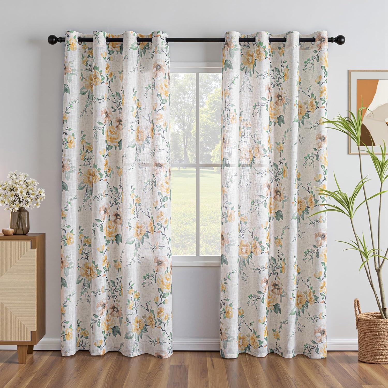 MEETSKY Floral Curtains 84 inches and Beige Couch Cover 71x 118 Bundle