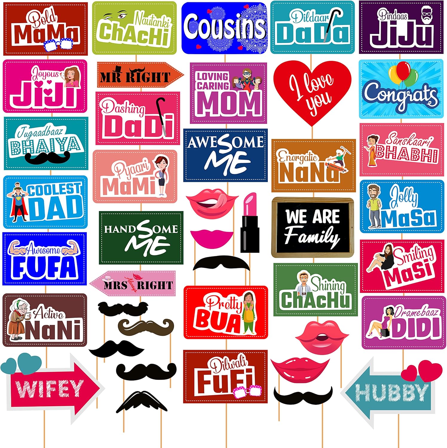 Baby Shower Birthday Wedding Photo Props - All Relations Party Props for Baby Photo Props, Birthday Props, Wedding Props, Photo Booth, Haldi Props for Bride and Family Props Set by Indian Collectible