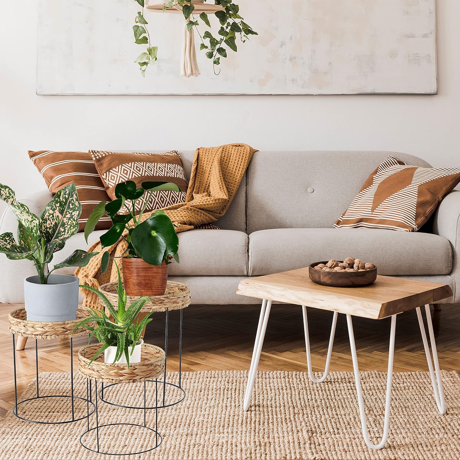 WHW Whole House Worlds Modernist Home Wicker Top Accent Tables, Set of 3, Circular, Slim-line Black Iron Metal Base, Woven Water Hyacinth, 14.25, 17, and 19 Inches Tall Modern Rustic : Home & Kitchen