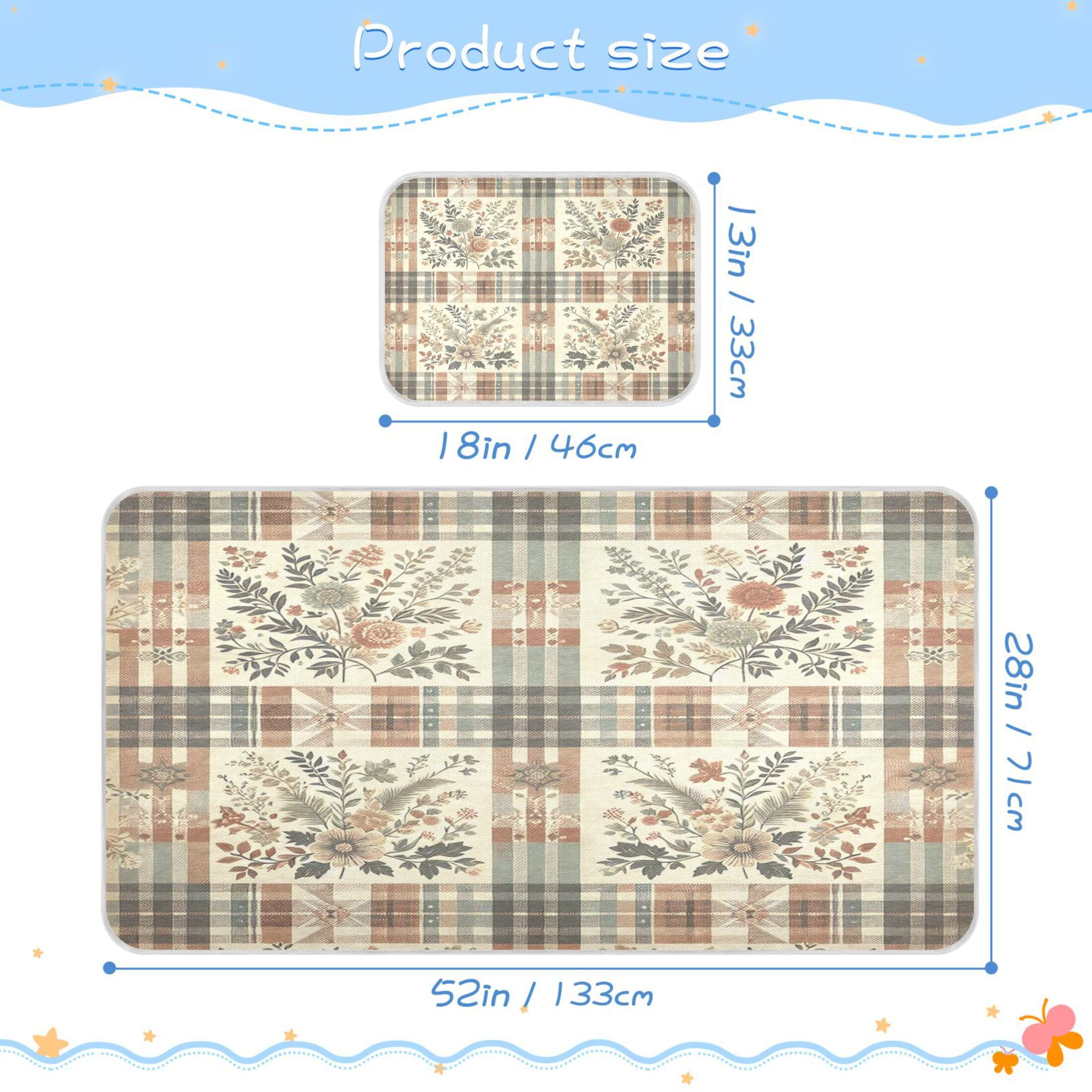 Burbuja Baby Cooling Mat Vintage Plaid Floral Bed Pad Ice Silk Cool Mat for Crib Mattress, Sleeping Pad with Pillowcase for Girl Boy, 28x52 in