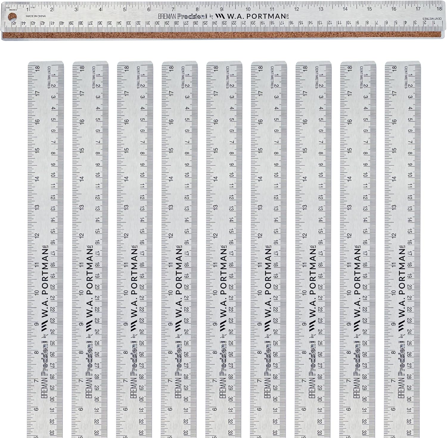 Breman Precision Metal Ruler 18 Inch Cork Back – 10 Pk Stainless Steel Straight Edge, Flexible Non-Slip Metal Ruler with Cork Backing – Imperial & Metric for Crafting, School, Workshop & Home Use
