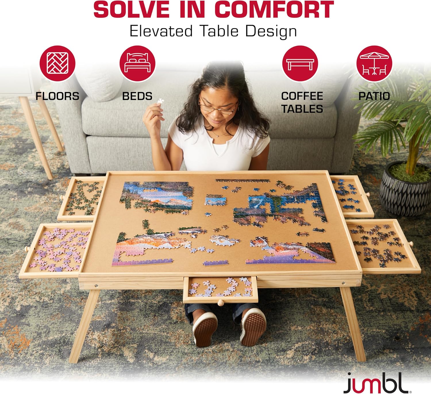 Jumbl 1500-Piece Puzzle Table with Drawers, Foldable Legs & Cover | Wooden Jigsaw Puzzle Board with Legs for Adults & Kids | Built to Last
