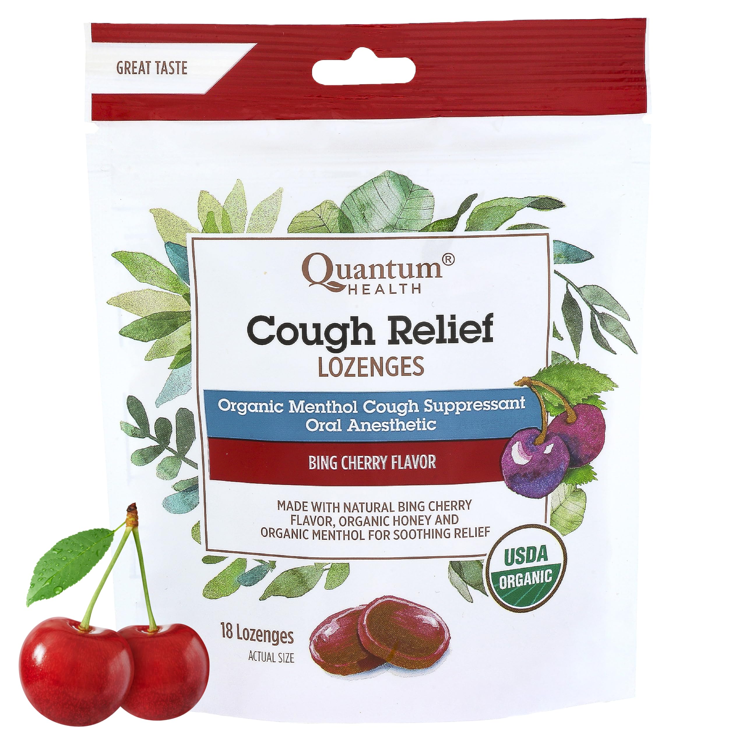 Quantum Health USDA Organic Cough Drops Menthol & Honey Throat Lozenges - Soothing Bing Cherry Flavored Suppressant - Dry Mouth & Sore Throat Relief for Adults & Kids - 18 CountUSDA Organic