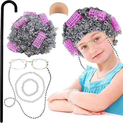 Miniatura 9 de 4Es Novelty Disfraz de anciana para niños juego de 5 piezas para el día 100 de escuela disfraz de abuela para niños peluca gris lentes con cadena