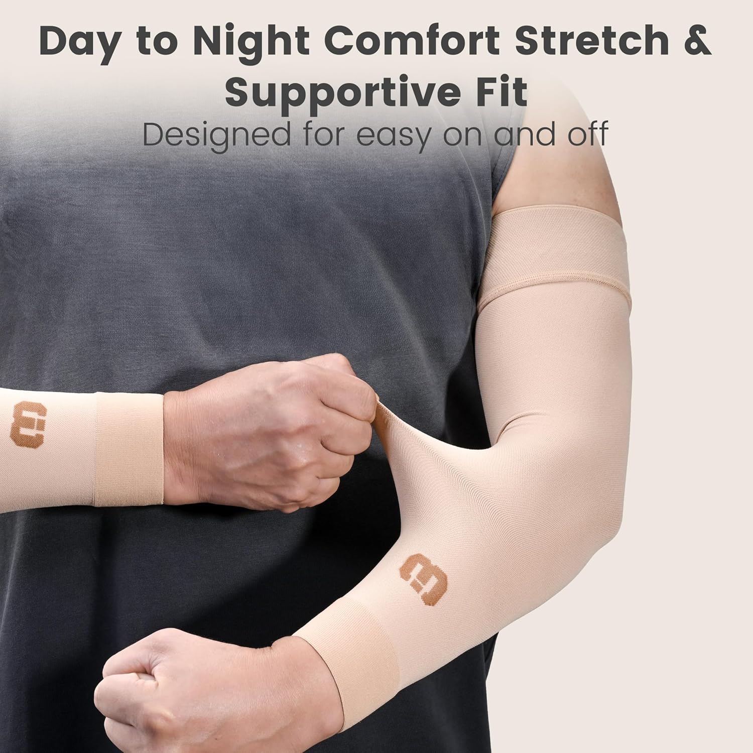 MGANG Lymphedema Compression Arm Sleeve for Women Men, Opaque, 15-20 mmHg Compression Full Arm Support with Silicone Band, Relieve Swelling, Edema, Post Surgery Recovery, Single Beige M