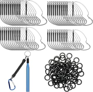201 Pcs Wacky Worm Tool, 100 Pcs Weedless Rig Fishing Hooks with 100 Piece Silicone O Rings and 1 Piece Wacky Tool with Lanyard for Neko Rig Plastic or Rubber Fishing Worms
