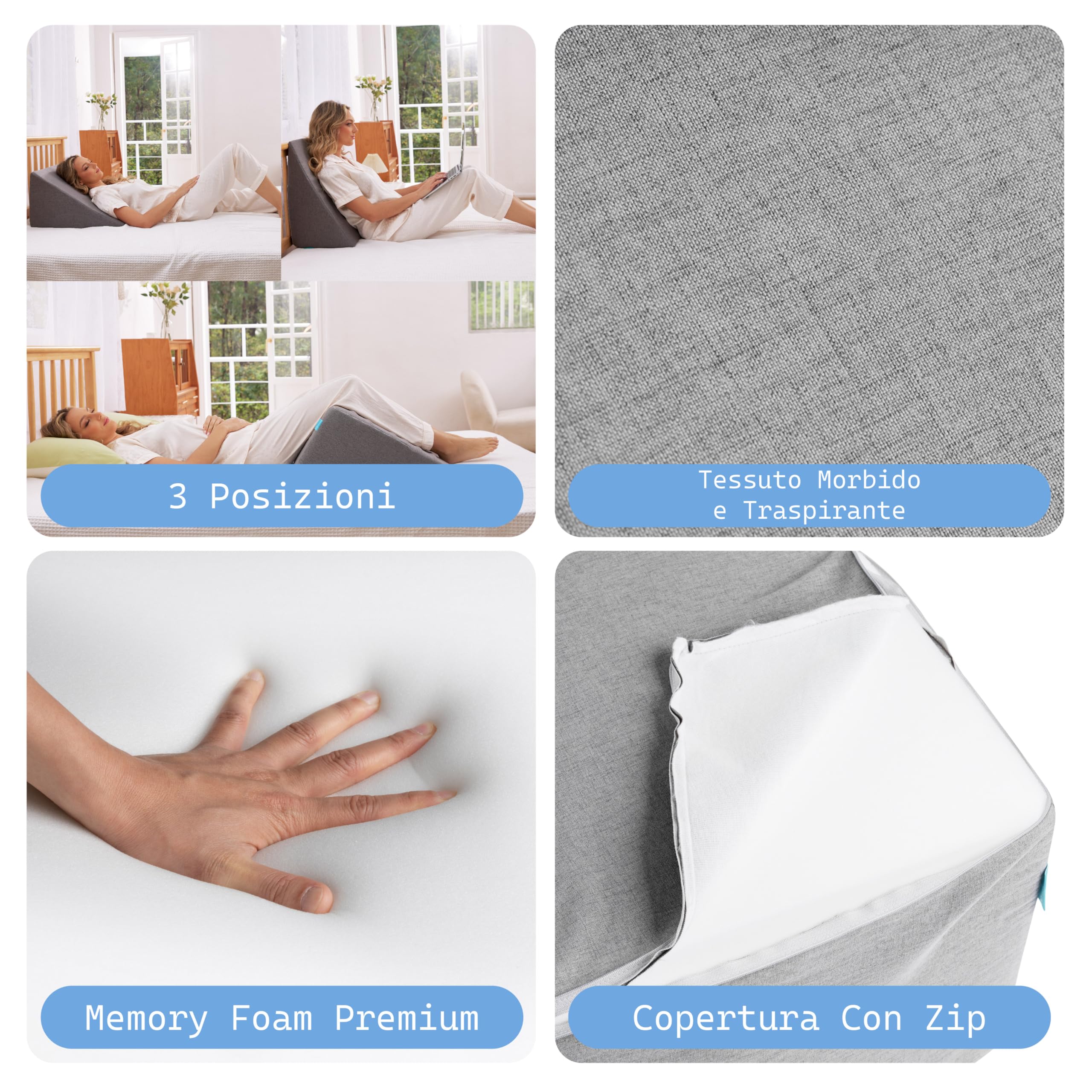 bonmedico Cuscino a Cuneo per Letto e Divano – Triangolare Ergonomico in Memory Foam – Supporto Schiena, Gambe e Postura, Relax, Lettura e Riposo – Adulti, Anti Scivolo, Fodera Lavabile