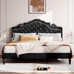 HOOMIC King Size Bed Frame with Adjustable Velvet Tiara Headboard Upholstered Diamond Button Tufted Platform Bed Wood Slats