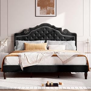 HOOMIC King Size Bed Frame with Adjustable Velvet Tiara Headboard Upholstered Diamond Button Tufted Platform Bed Wood Slats