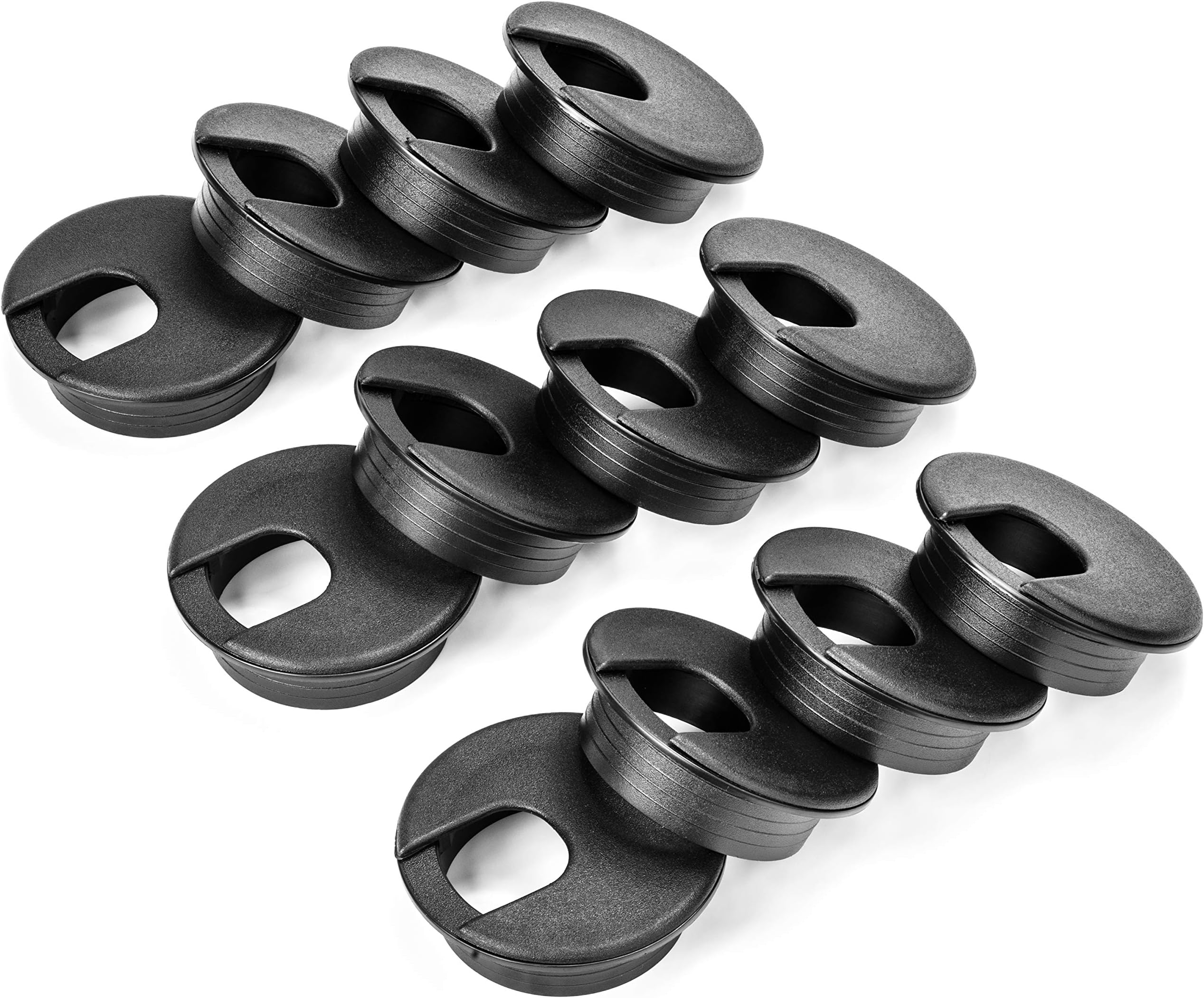 12 Pack 2 Inch 50mm Round Plastic Desk Grommets, Black Wire Organizer Caps, PC Computer Mac Port Cable Hole Cover Plug Bushings, Great to Hide Data Cords in Office Desk, TV Stands, Tabletops, & More