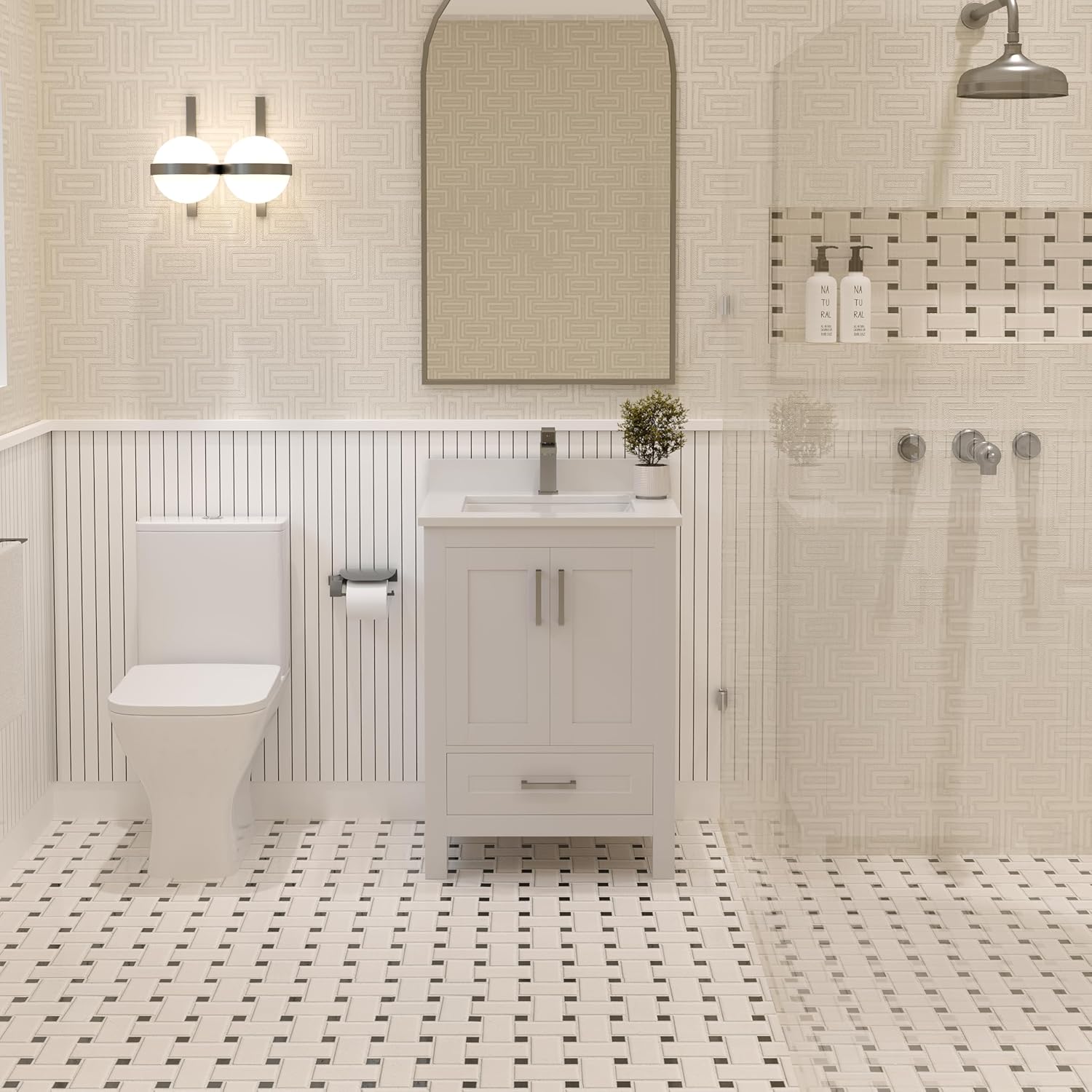 Ayna Decors Rooh 24 Inch White Bathroom Vanity with Sink, Quartz Countertop, 2 Soft Closing Doors and 1 Full Extension Drawer, Brushed Nickel Hardware