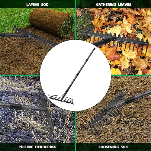 Miniatura 6 de Rastrillo de arco de 63 pulgadas, rastrillo de cabeza de metal de 17 dientes con mango de acero inoxidable, rastrillo de jardín resistente para