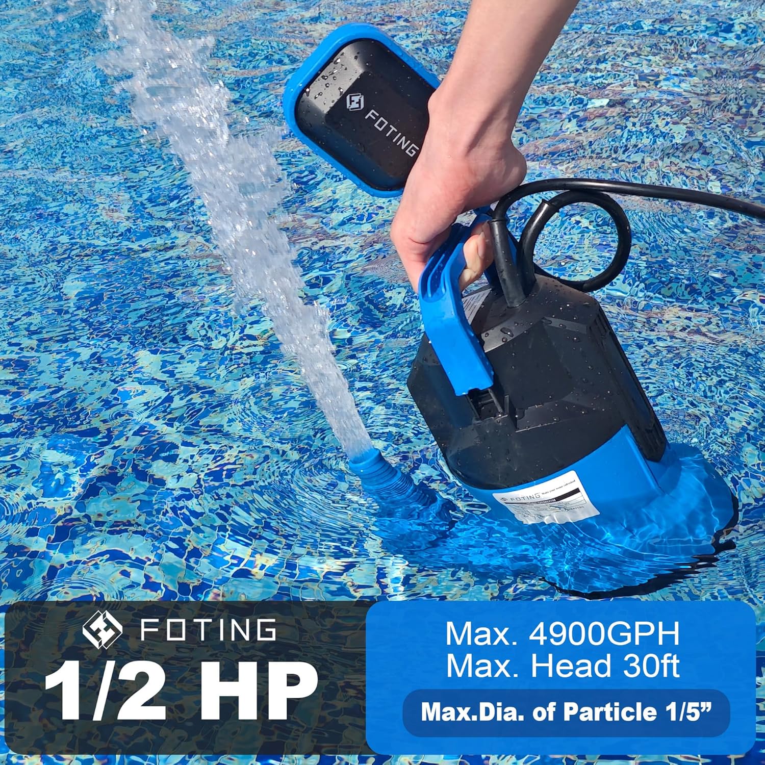 FOTING Sump Pump with 50FT Pool Backwash Hose 1-1/2 lN, 1Hp clean/Dirty submersible Water Pump, 4900GPH Utility Pump