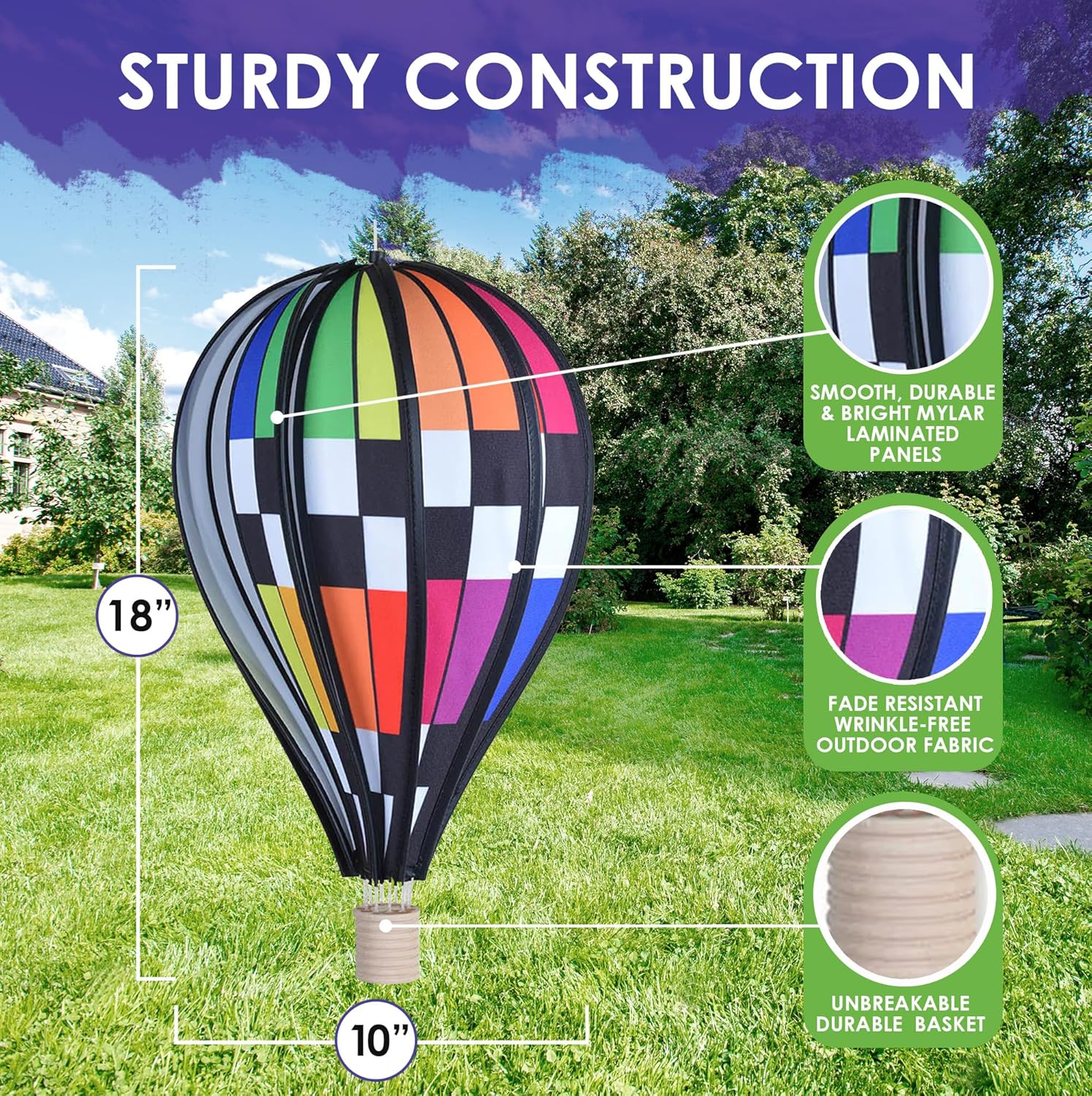 Hot Air Balloon Hanging Garden Spinner 18" - Vibrant Checkered Rainbow Design, Weather-Resistant Outdoor Decor, Durable & Lightweight for Patios, Yards, and Gardens - Eye-Catching Wind Spinner