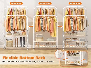 HOMIDEC Double-Rod Clothes Rail, Heavy-Duty Clothing Rail with 3-Tier Dust-proof Fabric Non-Woven Shelves, Metal Garment Rack with Wheels for Bedroom, Holds up to 80 kg, White