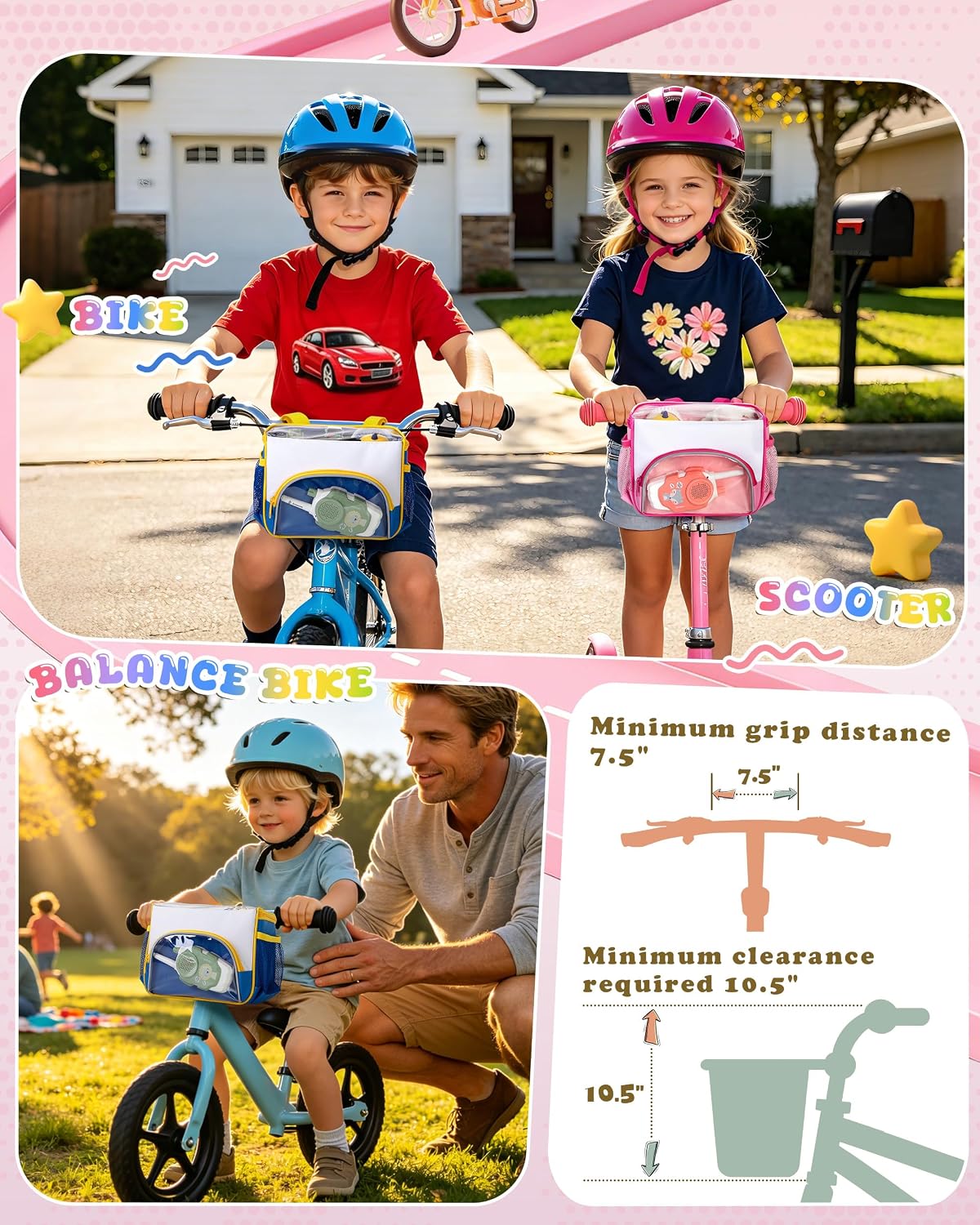 Marscamd Kids Front Bike Basket with Clear Top Cover, Bicycle Basket | with Reflective Strap, Water-resistant, Fits Most Handlebar Styles, for Boys & Girls