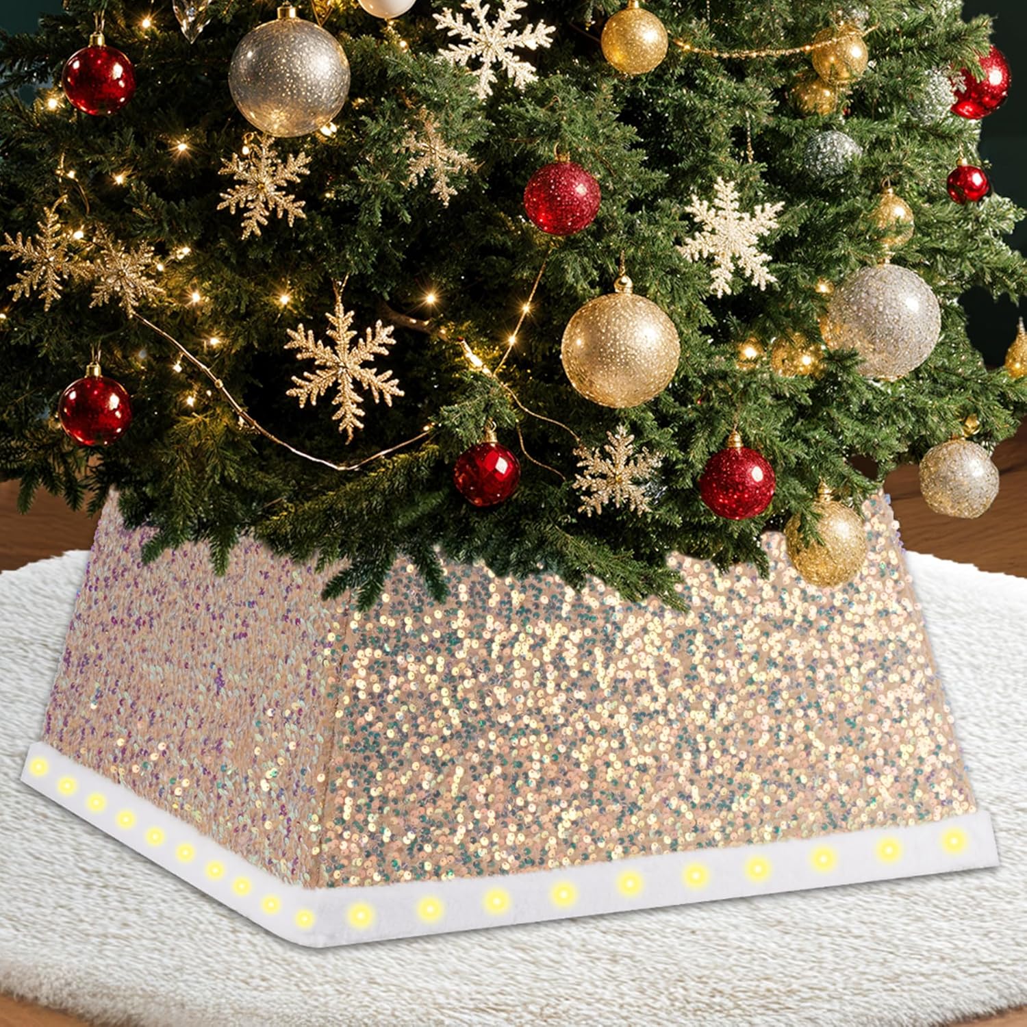 27 Inch Square Christmas Tree Skirt with LED Lights - Sparkling Glitter Fabric,Battery Powered Foldable Skirt for Christmas Halloween Holiday Decorations Trees with a Height Less Than 8 FT Light Gold