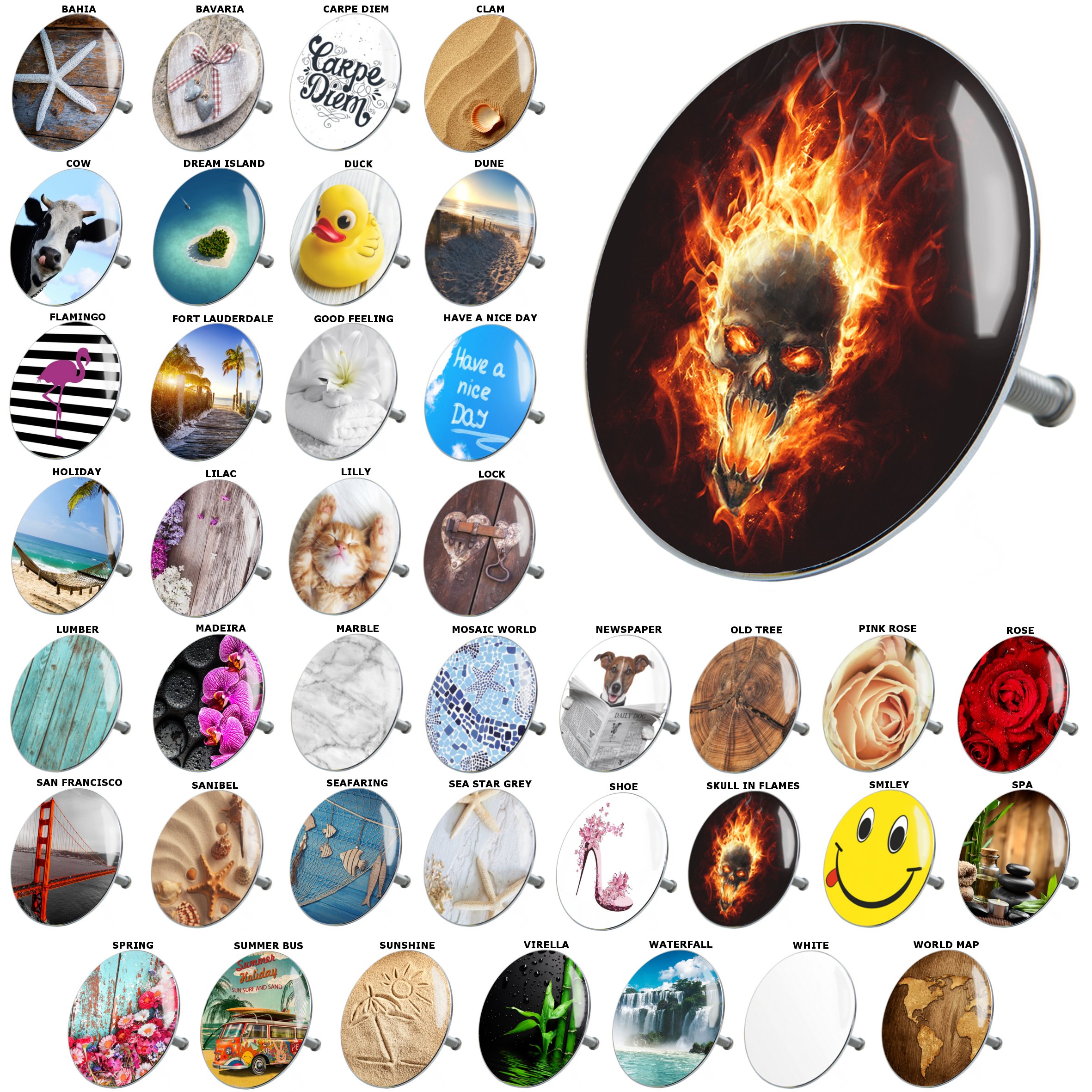 Bathtub Plug | Wide Choice of Colorful Bathtub Plugs | Easy to Insert Into the Bathtub (Skull in flames)