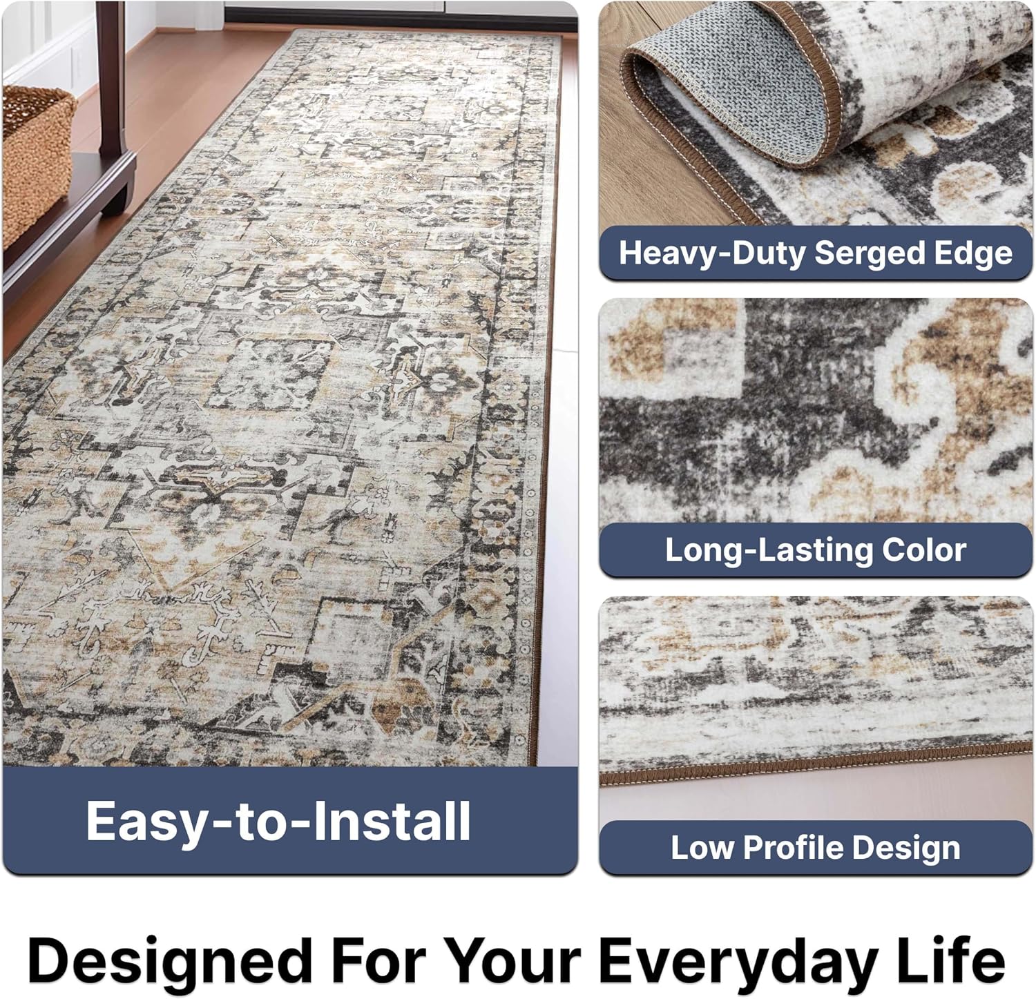 Well Woven Elle Basics Rendezvous Beige 5'3" x 7'3" - Non-Slip Rubber Backed Washable Modern Vintage Area Rug for Bedrooms, Living Rooms, Dining Spaces - Easy to Clean & Durable
