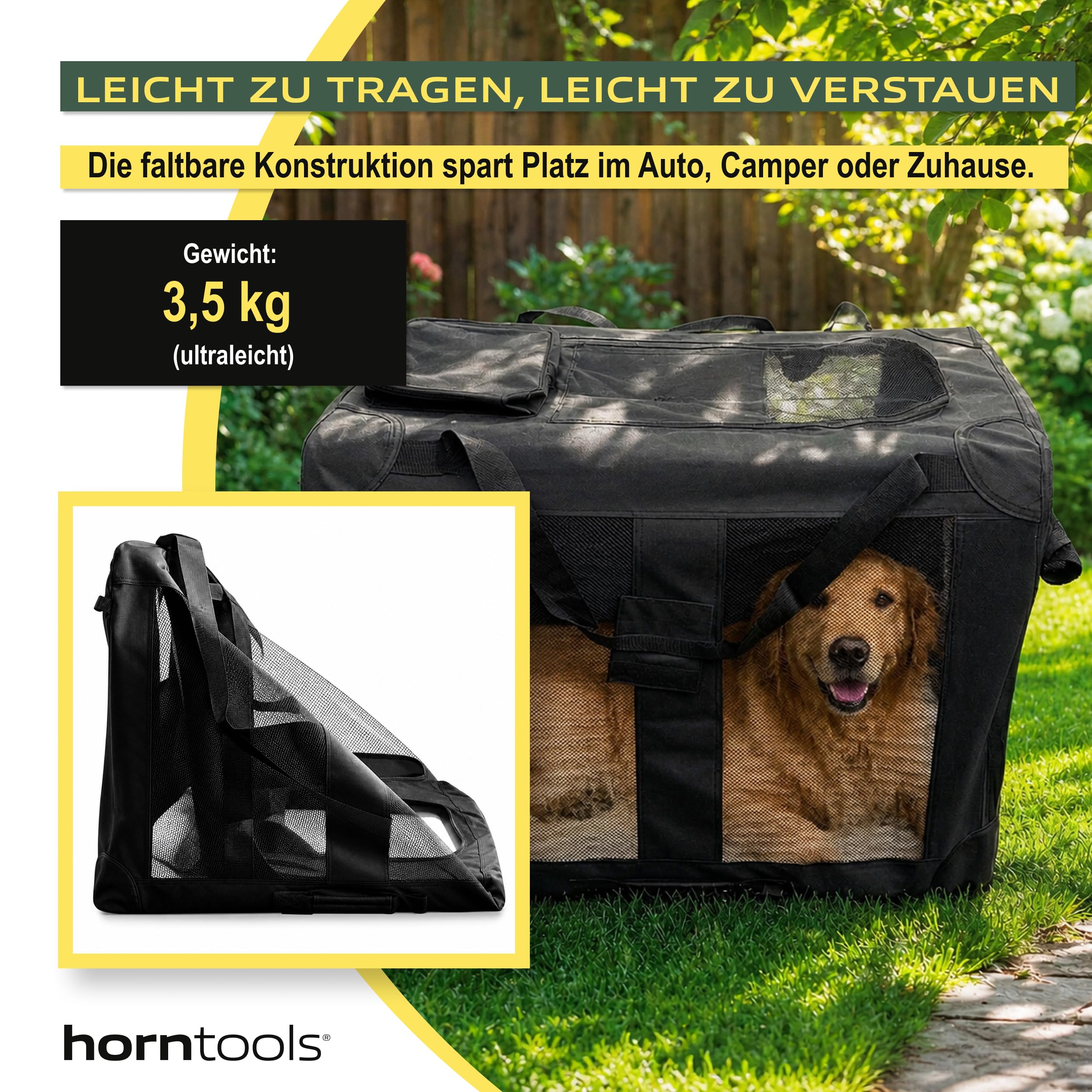 HORNTOOLS Faltbare Hundebox - Hundetransportbox mit Netzfenstern, Abnehmbarer Matte - Atmungsaktive Reisetasche für Hunde und Katzen - Transporttasche für Camping, Reisen & Zuhause - 74x53x52 cm