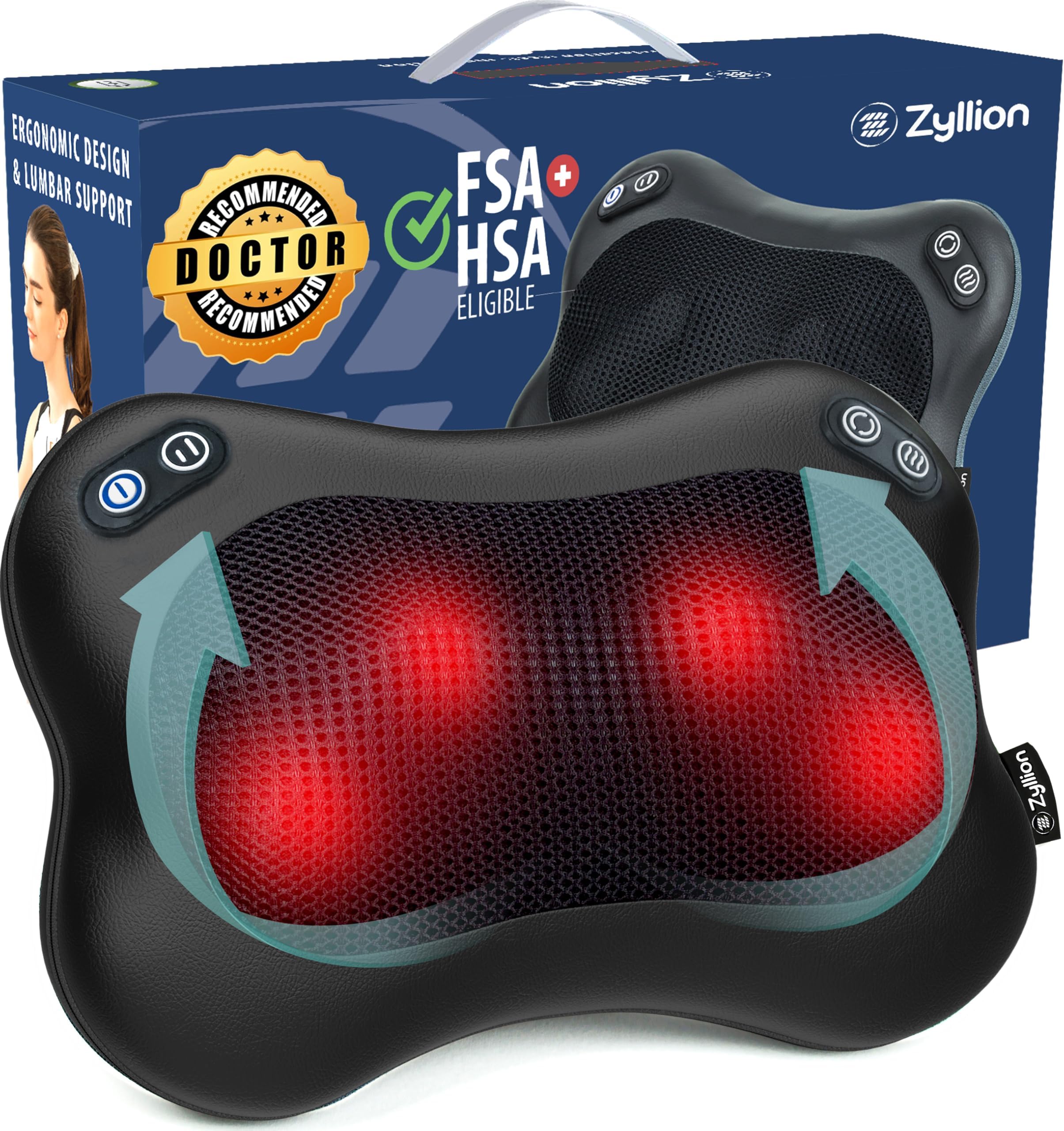 Shiatsu Back and Neck Massager with Heat (FSA HSA Eligible) Cordless Rechargeable 3D Kneading 2-Speed Electric Deep Tissue Massage Pillow for Muscle Pain Relief on Shoulder, Leg, Foot ZMA-34RB