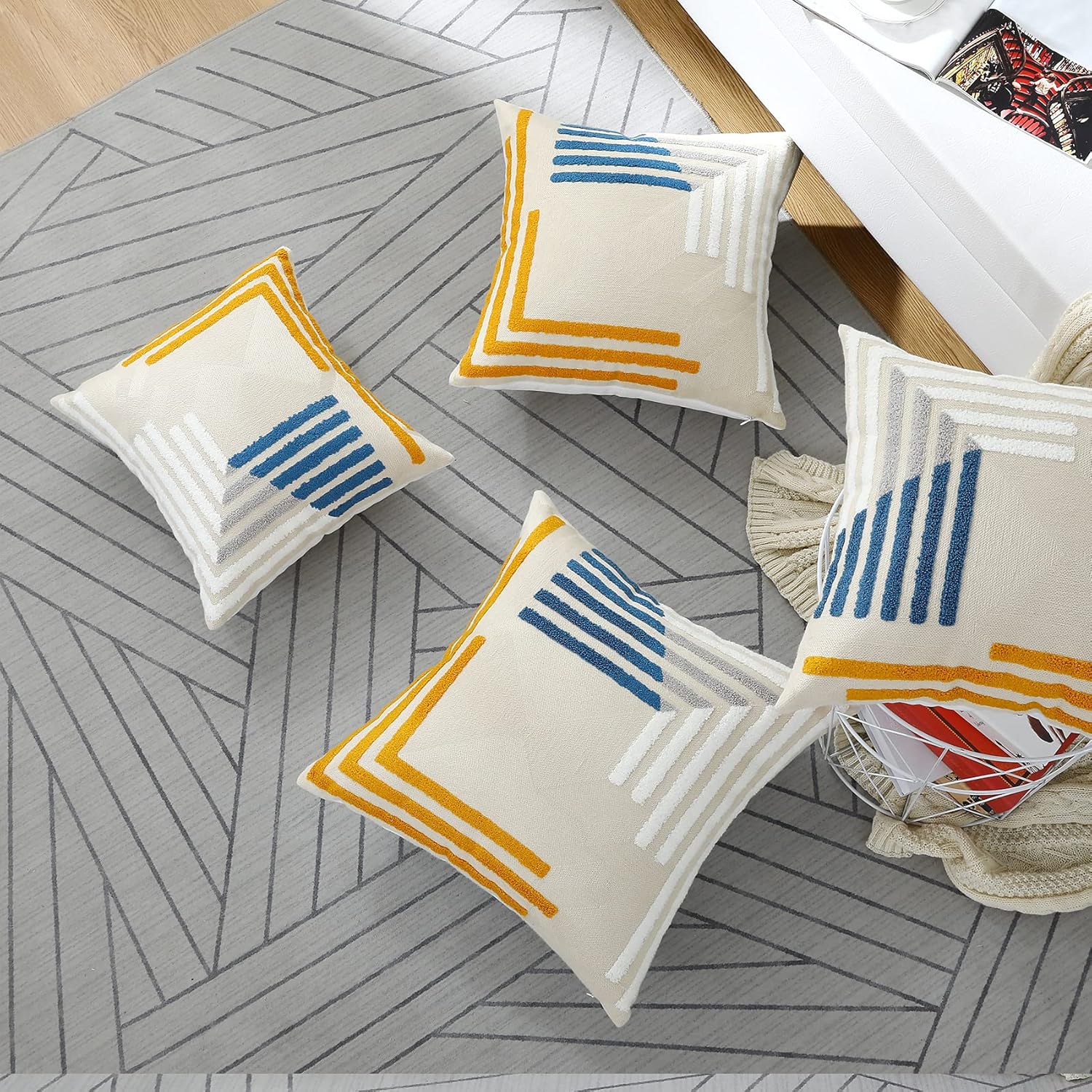 Modern Geometric Embroidered Throw Pillow Covers 18x18 Set of 2 Textured Tufted Patterned Cotton Boho Pillow Covers Spring Decorative for Couch Bed Living Room Outdoor Yellow and Blue