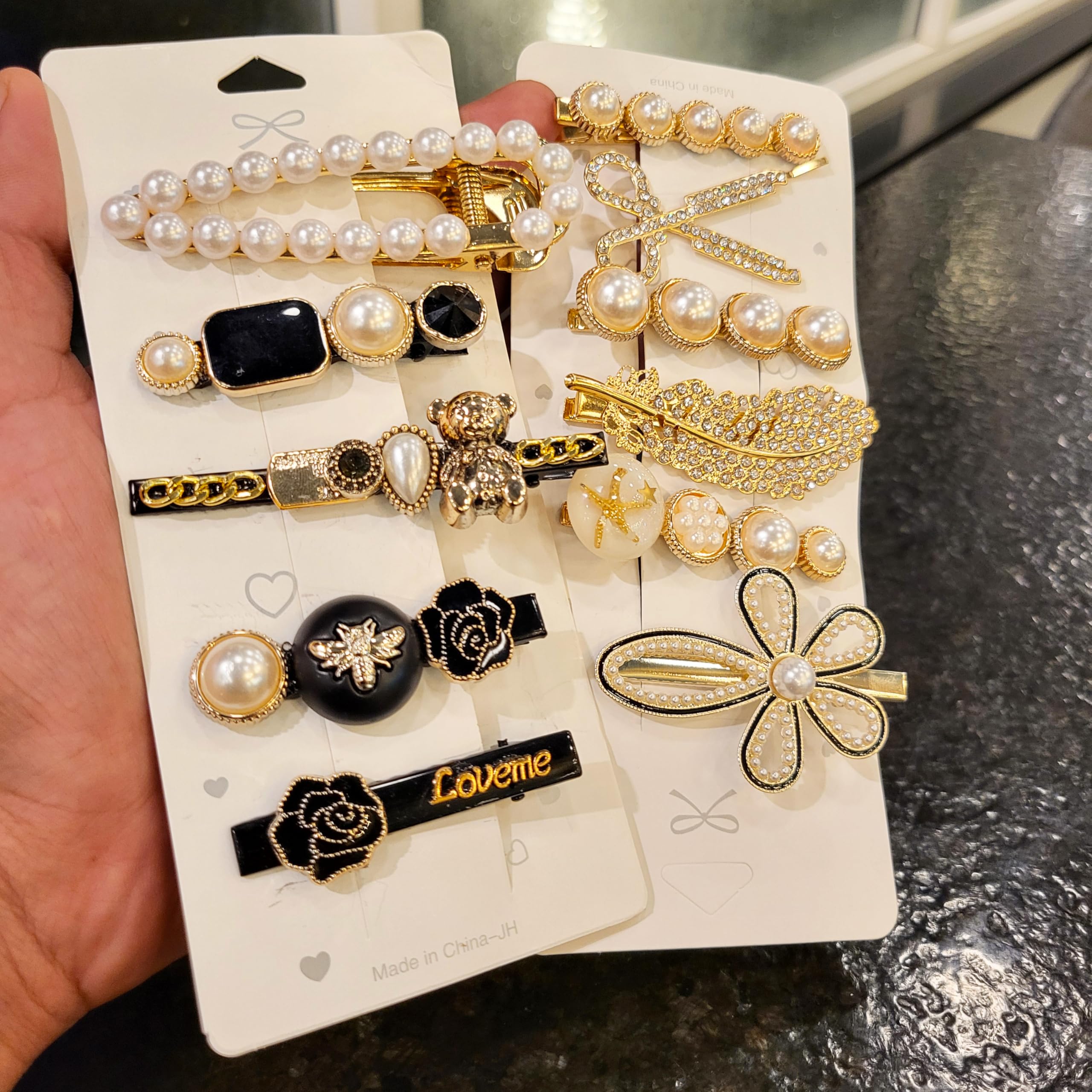 Amaira Gifts 11 Pieces Korean Style Beautiful Hairclips for Girls & Women with embedded Rhinestones & Pearls | Set of 11 Rhinestone & Pearl Hair Clippers for Girls & women