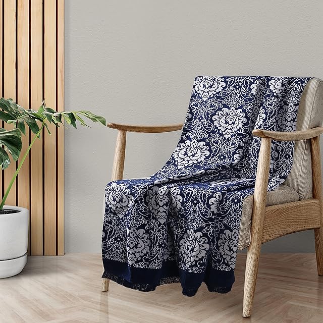 EHC Damask Chenille Jacquard Sofa Armchair Single Bed Blanket Throw, 125 X 150 cm - Navy Blue