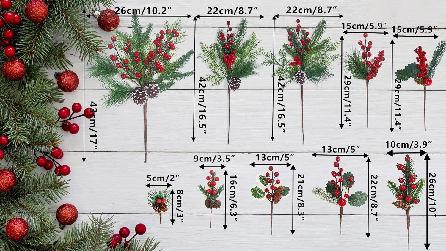 15 Pcs Christmas Tree Floral Picks 9 Styles Red Berry Picks Stems Assorted Artificial Pinecones Holly Leaves Pine Branch for Christmas Decor Floral Arrangement Wreath