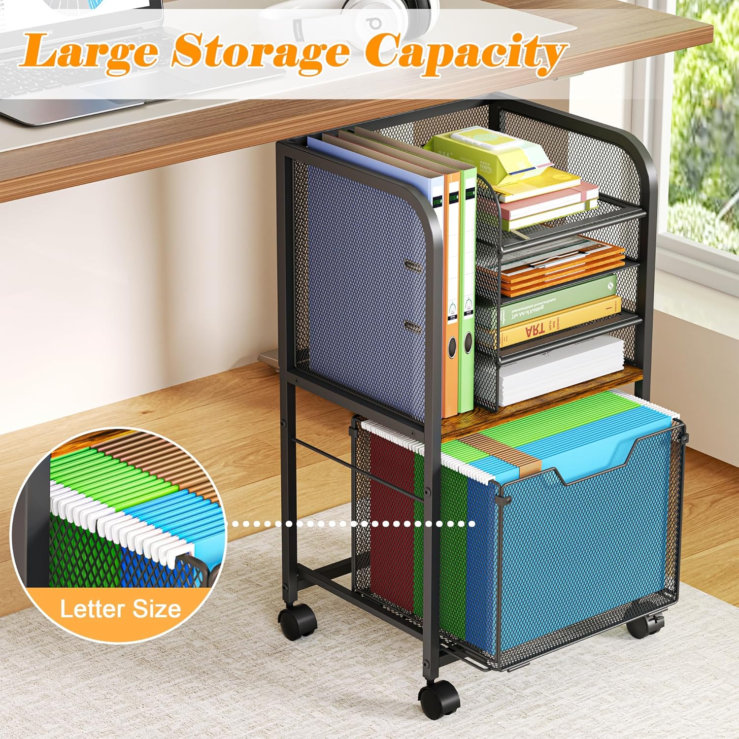 5-Tier Rolling File Cart Under Desk with Drawers, File Cabinet Organizer for Hanging File Folders, Letter-Size File Storage with Wheels, Multi-Layer Mobile Filing Cabinet for Under Desk Storage - Image 4
