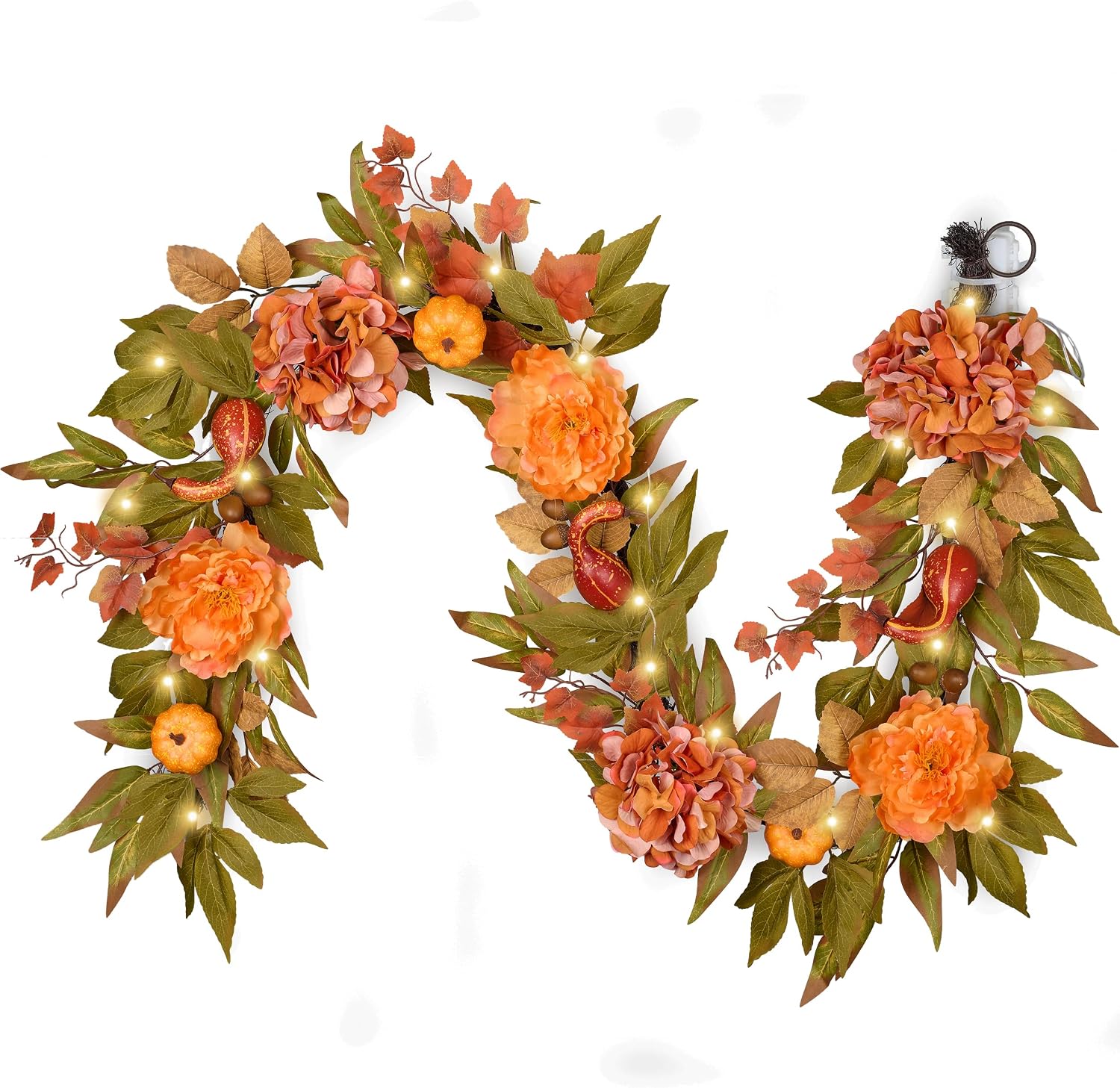 DecorbyHannah Fall Garland with Lights for Mantel, 6ft Artificial Autumn Harvest Floral Pumpkins Garland with Peony Hydrangea Fall Decorationsfor Home Thanksgiving Indoor Outdoor Table Centerpiece