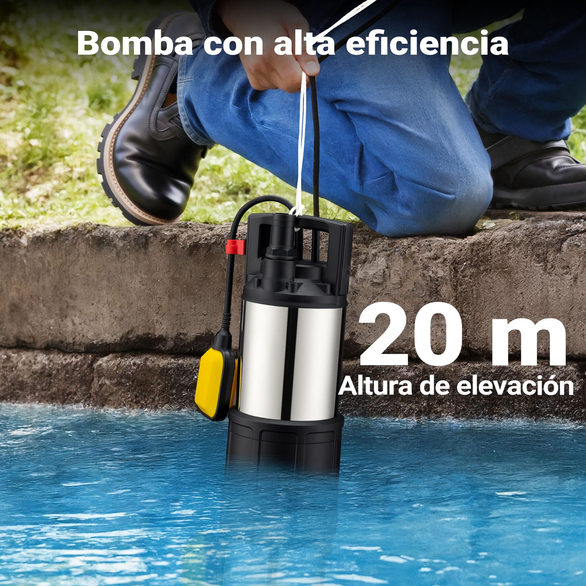Bomba de agua sumergible Wiltec 1200 W 6000 l/h 40 m, inmersión 7 m, interruptor flotador, PPO acero inoxidable