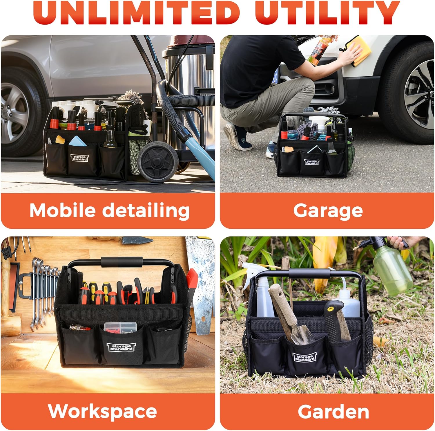 Detailing Caddy Organizer with Handle - Storage, Cars, & Cleaning Caddy for Supplies, Tools, & Home Improvement - Heavy Duty Car Detailing Supplies With Multi-Pockets & Collapsible Tote Design