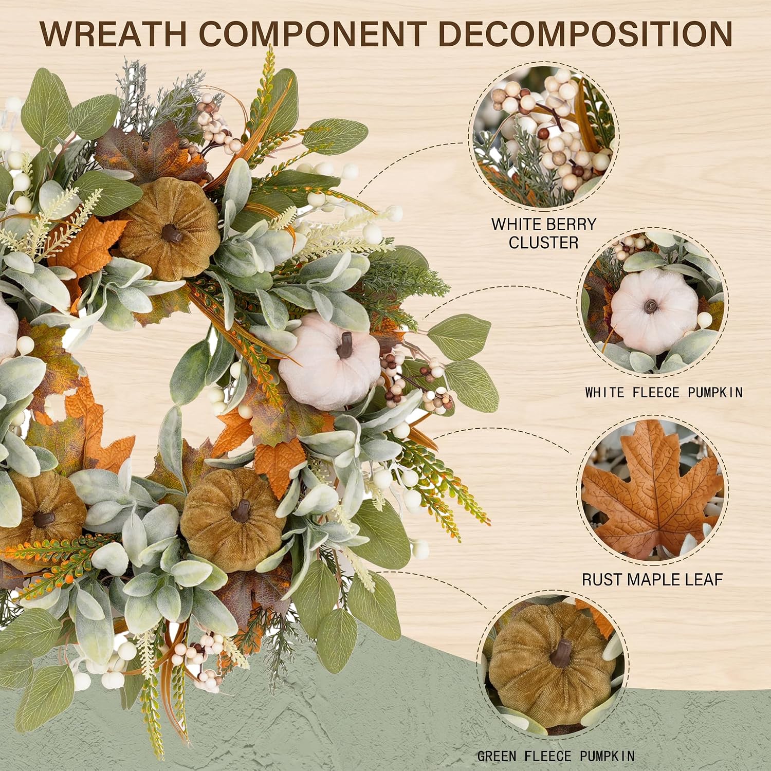 22 inch Fall Wreaths for Front Door, with Artificial Eucalyptus 5 Large Velvet Pumpkin Porch for Home Autumn Thanksgiving Farmhouse Holiday Outdoor Decor